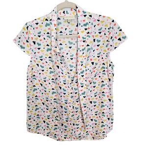 ModCloth Tie Neck Blouse Cap Sleeve Top Heart Print Button Down Shirt Women M
